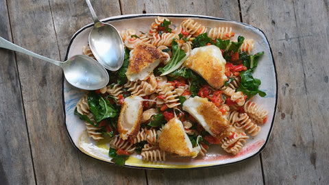 Charred Pepper, Silverbeet and Crispy Goat's Cheese Radiatori Salad