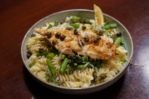 Pan-Fried Trout (or Salmon) Pasta with Asparagus, Beans and Crispy Capers