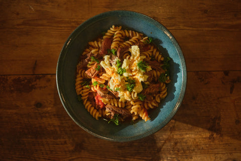 Slow Cooked Harissa Lamb Fusilli with Butter Beans, Anchovies and Burrata